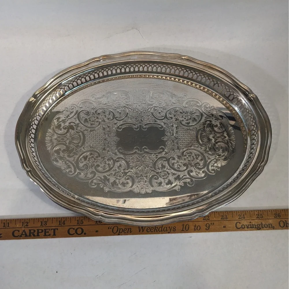 Vtg Oneida Silver Plated Oval Serving Tray Etched Floral Pierced Gallery Rim 15